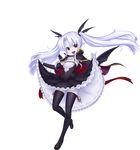  bat_wings black_legwear cape detached_sleeves dress eden_(sennen_sensou_aigis) fangs floating_hair full_body gochou_(kedama) head_wings lifted_by_self long_hair looking_at_viewer official_art open_mouth pointy_ears red_eyes sennen_sensou_aigis skirt skirt_lift smile solo thighhighs transparent_background twintails vampire white_hair white_skin wings 