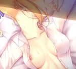  absurdres artoria_pendragon_(all) bed bed_sheet blonde_hair blue_ribbon blush breasts close-up collarbone collared_shirt covered_nipples dress_shirt fate/stay_night fate_(series) fingernails genjung hair_ribbon highres long_fingernails lying medium_breasts nipples on_back on_bed one_breast_out open_clothes open_mouth open_shirt ribbon saber shade sheet_grab shirt solo stomach sweat teeth tongue unbuttoned unbuttoned_shirt white_shirt 