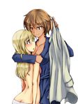  aleksandra_i_pokryshkin ass blonde_hair blue_eyes blush brave_witches breasts brown_eyes brown_hair butt_crack cleavage collarbone dark_skin height_difference hug isosceles_triangle_(xyzxyzxyz) large_breasts multiple_girls no_bra open_mouth panties robe smile strike_witches underwear waltrud_krupinski white_panties world_witches_series yuri 
