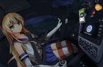  :&lt; blonde_hair bow car car_interior cellphone cigarette cloud commentary copyright_name crop_top dark driving dutch_angle elbow_gloves frown fubuki_(kantai_collection) gear_shift gloves green_eyes ground_vehicle hair_bow headband hill kantai_collection logo long_hair midriff motor_vehicle multiple_girls neckerchief night phone pleated_skirt rensouhou-chan serious shimakaze_(kantai_collection) sitting skirt smartphone striped striped_legwear thighhighs tianyu_jifeng tree volkswagen 