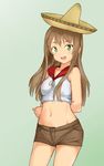  arm_behind_back brown_hair cowboy_shot green_background green_eyes happy hat highres long_hair looking_at_viewer mexican midriff open_mouth original self_upload shorts simple_background solo sombrero tobal13 
