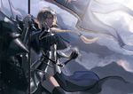  armor armored_dress black_gloves blonde_hair blue_eyes braid capelet chain fate/apocrypha fate_(series) faulds flag gauntlets gloves headpiece jakojakojako jeanne_d'arc_(fate) jeanne_d'arc_(fate)_(all) knight sheath sheathed single_braid solo_focus standard_bearer sword thighhighs weapon wind 