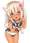  :o absurdres animal_ears bikini_bottom black_bikini_bottom black_school_swimsuit blue_eyes blush cat_ears cat_tail clothes_lift collarbone eyebrows_visible_through_hair flower go-1 hair_between_eyes hair_flower hair_ornament head_tilt highres kantai_collection kemonomimi_mode leaning_forward lifted_by_self long_hair looking_at_viewer old_school_swimsuit one-piece_tan open_mouth paw_pose ro-500_(kantai_collection) sailor_collar school_swimsuit school_swimsuit_flap shiny shiny_skin simple_background sleeveless solo swimsuit swimsuit_under_clothes tail tan tanline thigh_gap white_background 
