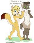  alternate_version_available anthro balls butt canine cub dialogue duo flaccid flat_colors fox hand_on_shoulder knock-kneed male mammal navel nipples nude open_mouth penis pose raccoon raised_tail slim smile talking_to_viewer young zooshi 