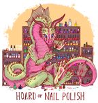  ambiguous_gender claws colored_nails crest crossed_legs dragon english_text feral front_view hoard horn iguanamouth long_neck long_tail painting_nail scalie shelves signature sitting solo text 