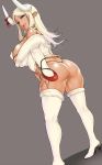  1girl :d ass bangs bare_shoulders bikini blonde_hair blush boots breasts commentary_request covered_nipples dark_skin draph fang fur-trimmed_boots fur_trim granblue_fantasy henkuma high_heel_boots high_heels highres horns kuvira_(granblue_fantasy) large_breasts long_hair long_sleeves looking_at_viewer looking_back off_shoulder open_mouth pointy_ears simple_background smile standing swimsuit thigh_boots thighhighs thong_bikini white_bikini white_footwear 