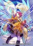  banned_artist boots cape company_connection copyright_name dragon dress fa facial_mark fire_emblem fire_emblem:_fuuin_no_tsurugi fire_emblem_cipher forehead_mark green_eyes mamkute midori_fuu official_art open_mouth orange_skirt pointy_ears purple_hair short_hair skirt smile snow solo wings 