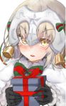  blush box christmas elbow_gloves fate/grand_order fate_(series) gift gift_box gloves gyaito hair_ribbon headpiece highres jeanne_d'arc_(fate)_(all) jeanne_d'arc_alter_santa_lily long_hair looking_at_viewer ribbon solo white_background 