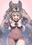  bare_shoulders berserker_(granblue_fantasy) bikini blonde_hair bow_(bhp) breasts brown_eyes djeeta_(granblue_fantasy) fangs gauntlets gloves granblue_fantasy growling medium_breasts midriff navel open_mouth paw_gloves paws short_hair solo strapless swimsuit wolf_pelt 