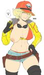  1girl areolae belt bikini_top blonde_hair breasts brekkist cidney_aurum cropped_jacket english final_fantasy final_fantasy_xv gloves goggles goggles_around_neck green_eyes hat highres looking_at_viewer nipples one_breast_out short_shorts shorts smile solo speech_bubble thighhighs thong 