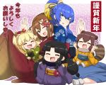  4koma 5girls alternate_hairstyle animal_ears black_hair blonde_hair blue_eyes blue_hair blue_kimono bow brown_eyes brown_hair chibi comic commentary_request danyotsuba_(yuureidoushi_(yuurei6214)) eyebrows_visible_through_hair eyes_closed floral_print flower fox_ears fox_tail green_kimono hair_between_eyes hair_bow hair_flower hair_ornament hair_ribbon hand_up highres japanese_clothes kimono long_hair long_sleeves multiple_girls obi one_eye_closed onizuka_ao open_mouth orange_kimono original ponytail purple_kimono raccoon_ears raccoon_tail reiga_mieru ribbon sash shiki_(yuureidoushi_(yuurei6214)) sidelocks smile tail tenko_(yuureidoushi_(yuurei6214)) translation_request wide_sleeves youkai yuureidoushi_(yuurei6214) 