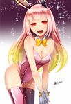  animal_ears artist_name borrowed_character bunny_ears bunnysuit chamochi commentary_request fate/grand_order fate_(series) gloves leotard long_hair pink_hair pink_legwear pink_leotard red_eyes riyo_servant_(bunnygirl) smile solo sparkle star thighhighs white_gloves 