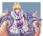  animal_ears blonde_hair breasts commentary_request dress eyebrows_visible_through_hair fox_ears frilled_shirt_collar frilled_sleeves frills hands_in_opposite_sleeves large_breasts monster_girl outside_border scylla short_hair smile solo tabard tentacles touhou white_dress yakumo_ran yellow_eyes zawa_(zawzawranran2) 