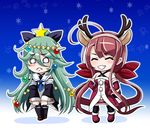  :&lt; :d ^_^ ahoge animal_ears antlers bare_shoulders black_legwear blue_background blush_stickers boots brown_hair chibi christmas_ornaments closed_eyes commentary_request crying crying_with_eyes_open detached_sleeves fake_animal_ears frown gradient gradient_background green_hair grin hair_between_eyes hair_ribbon hairband hands_on_hips ice_crystal kantai_collection kawakaze_(kantai_collection) long_hair low_twintails multiple_girls o_o open_mouth pleated_skirt reindeer_antlers reindeer_ears ribbon school_uniform serafuku shoes skirt smile star tearing_up tears thighhighs tk8d32 twintails v_arms very_long_hair yamakaze_(kantai_collection) zettai_ryouiki 
