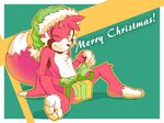  anthro canine christmas convenient_censorship english_text fox gift hat holidays looking_at_viewer male mammal mostly_nude one_eye_closed pinup pose reclining rexin santa_hat sitting smile solo spread_legs spreading text wink 