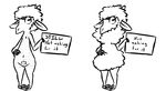  2016 anthro barely_visible_genitalia black_and_white caprine disney english_text fan_character female flat_chested hand_on_hip holding_object inkyfrog mammal monochrome navel nipples nude pubes pussy shaved sheep sign simple_background solo standing subtle_pussy text white_background wool zootopia 