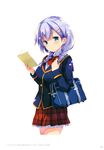  absurdres artist_name bag blue_eyes blue_hair bow bowtie braid girlfriend_(kari) hair_ornament hairclip highres long_hair murakami_fumio official_art plaid plaid_skirt qp:flapper red_bow red_neckwear school_bag school_uniform skirt solo twin_braids 