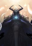  commentary_request fate/grand_order fate_(series) feathers fire glowing glowing_eyes highres horns k_jin king_hassan_(fate/grand_order) pauldrons skull_mask sword weapon 