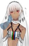  altera_(fate) bare_shoulders blush cheek_pinching dark_skin detached_sleeves fate/grand_order fate_(series) full_body_tattoo highres looking_at_viewer onineko-chan pinching pov red_eyes simple_background solo_focus sweatdrop tattoo veil white_background white_hair 