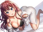  :3 all_fours blue_eyes breasts brown_hair ichinose_shiki idolmaster idolmaster_cinderella_girls large_breasts long_hair looking_at_viewer off_shoulder open_mouth smile solo takeashiro 