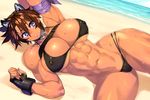  23_(real_xxiii) abs absurdres animal_ears armband armpits beach bikini black_bikini black_gloves blue_eyes blush breasts brown_hair butterfly_cat_(gakuen_taisen_valkyries) cameltoe cat_ears choker cleavage commentary_request covered_nipples day eyebrows eyebrows_visible_through_hair fingerless_gloves fingernails gakuen_taisen_valkyries gloves highres huge_breasts long_fingernails looking_at_viewer lying muscle muscular_female navel ocean on_back outdoors sand short_hair solo swimsuit water 