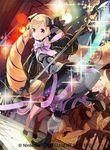  bird blonde_hair blush bow bowtie chicken company_connection copyright_name dress drill_hair earrings elise_(fire_emblem_if) fire_emblem fire_emblem_cipher fire_emblem_if gloves horse indoors jewelry kurosawa_tetsu leg_up long_hair looking_at_viewer looking_back official_art purple_eyes short_dress smile staff thighhighs twintails 