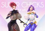  2girls breasts choker cleavage curvy earrings ema_(emaura) gloves huge_breasts lipstick long_hair mask multiple_girls nipples purple_hair red_hair transparent_clothes 