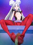  1girl akagi_towa areolae bare_arms bowtie breasts censored cum cum_in_mouth earrings facial feet footjob go!_princess_precure highres ice_place legs licking licking_lips long_hair looking_at_viewer makeup mosaic_censoring navel nipples no_bra no_shoes open_clothes penis pov precure quad_tails red_eyes simple_background sitting sleeveless small_breasts soles solo_focus sweat thighs toes tongue twilight_(go!_princess_precure) white_hair 