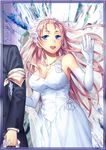  1girl blue_eyes breasts cleavage copyright_name dress earrings elbow_gloves formal gloves holding jewelry juliana_eberhardt large_breasts long_hair lowres open_mouth pink_hair senjou_no_valkyria senjou_no_valkyria_2 suit wedding_dress white_dress white_gloves yamyom zeri 