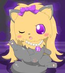  anus blush bow canine dog female feral fur grey_fur jewelpet jewelry mammal one_eye_closed open_mouth purple_eyes pussy simple_background solo tatwuyan topaz_(jewelpet) wink 