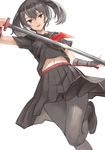  :d akame_ga_kill! bad_id bad_pixiv_id belt black_eyes black_hair black_legwear black_skirt breasts commentary_request holding holding_sword holding_weapon katana kurome_(akame_ga_kill!) looking_at_viewer mingah navel neckerchief open_mouth pantyhose pleated_skirt school_uniform serafuku short_hair short_sleeves skirt small_breasts smile solo sword two_side_up v-shaped_eyebrows vambraces weapon 