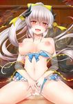  asahi_yanagi bikini bikini_aside blush breasts breasts_outside censored commentary cowgirl_position cum cum_in_pussy fate/grand_order fate_(series) girl_on_top hair_ornament heart heart-shaped_pupils heart_censor horns kiyohime_(fate/grand_order) kiyohime_(swimsuit_lancer)_(fate) large_breasts long_hair looking_at_viewer navel nipples open_mouth puffy_nipples sex smile straddling swimsuit symbol-shaped_pupils untied vaginal white_hair yellow_eyes 