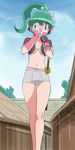  blue_eyes bokan_brace breasts calen_(time_bokan) covering_face gloves green_hair haruyama_kazunori katana midriff navel ponytail short_hair small_breasts solo standing sword time_bokan_(series) time_bokan_24 weapon 