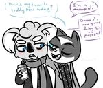  2016 anthro blue_eyes blush can clancy_(inkyfrog) clothed clothing cute_fangs dialogue disney duo english_text eye_contact fan_character hand_on_shoulder holding_object hug inkyfrog koala male male/male mammal marsupial mustelid nuzzling one_eye_closed polecat restricted_palette scarf simple_background teal_eyes text white_background zootopia 