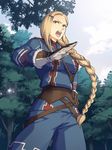  audrey_gassenarl blonde_hair braid brown_eyes day forest gloves hair_ornament hairclip hand_on_hip long_hair military military_uniform mole mole_under_eye nature open_mouth outdoors senjou_no_valkyria senjou_no_valkyria_2 solo tree uniform yuikawa_kazuno 