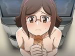 1girl areolae bare_arms bare_shoulders blush breasts breasts_outside brown_eyes brown_hair censored collarbone embarrassed glasses gundam gundam_build_fighters hairband handjob highres ice_place indoors kousaka_china looking_at_viewer mosaic_censoring nipples no_bra penis pov red-framed_glasses short_hair sitting sleeveless small_breasts solo_focus sweat upper_body 