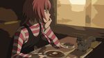  bad_id bad_pixiv_id bored braid chin_rest darker_than_black flat_chest food green_eyes highres mayo_(maxton) plate scarf shirt sitting solo squirrel striped striped_shirt suou_pavlichenko table window 