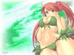  bikini breasts cleavage copyright_request from_below highres large_breasts leaf_bikini long_hair looking_down midriff red_hair solo swimsuit tanaka_takayuki wallpaper 