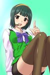  g-tetsu green_hair highres idolmaster idolmaster_(classic) idolmaster_1 legs miniskirt mole mole_under_mouth otonashi_kotori pencil_skirt red_eyes short_hair skirt solo thighhighs 