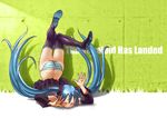  :&gt; accident aqua_hair ass boots detached_sleeves dimples_of_venus english faceplant fallen_down fingers full_body hands hatsune_miku legs long_hair palms panties skirt solo striped striped_panties thighhighs top-down_bottom-up twintails underwear vocaloid wokada 