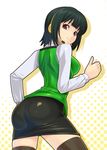  ass black_hair headset idolmaster idolmaster_(classic) idolmaster_1 looking_back mole mole_under_mouth muhi11234 otonashi_kotori pencil_skirt red_eyes short_hair skirt solo thighhighs thumbs_up zettai_ryouiki 