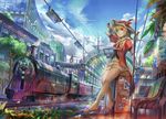  bench bird blonde_hair brown_eyes cloud day feet fuji_choko ground_vehicle highres locomotive orange_hair original purple_eyes revision sandals scenery short_hair sitting sky solo steam_locomotive ticket train train_station 