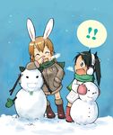 animal_ears bad_id bad_pixiv_id bunny_ears charlotte_e_yeager chibi coat francesca_lucchini kumichou_(kumichoubox) multiple_girls scarf snow snowman strike_witches world_witches_series 