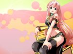  blue_eyes headset highres long_hair megurine_luka midriff open_mouth pink_hair ponnetsu shiny shiny_skin sitting smile solo thighhighs very_long_hair vocaloid 