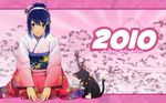  2010 7-tan blue_eyes blue_hair cat cherry_blossoms dos_cat english hair_ornament hairband hairclip hatsuyume highres japanese_clothes kimono madobe_nanami mount_fuji mountain new_year official_art os-tan seiza short_hair sitting smile solo wakaba wallpaper windows 