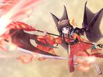  axe black_hair hair_ornament highres japanese_clothes kimono natsumiya_yuzu original purple_eyes sandals solo weapon wings 