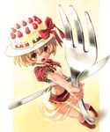  brown_eyes brown_hair cake food food_as_clothes food_themed_clothes foreshortening fork fruit full_body hat katahira_masashi knife midriff navel original oversized_object pastry short_hair solo strawberry 