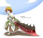  armor armored_dress blue_eyes blush brown_hair character_name crown dress emurin hat huge_weapon monster_hunter parody ragnarok_online short_hair sword swordsman_(ragnarok_online) weapon 