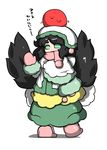  1girl alternate_costume alternate_headwear animal animal_on_head bird bird_on_head bird_wings black_hair black_wings cape coat edowan eyebrows_visible_through_hair fur-trimmed_coat fur-trimmed_sleeves fur_coat fur_trim green_eyes green_skirt hat mittens on_head open_mouth pink_footwear pink_scarf reiuji_utsuho scarf scarf_over_mouth simple_background skirt slippers solo touhou waving white_background wings winter_clothes 