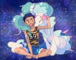  barefoot black_hair commentary_request gen_7_pokemon green_eyes indian_style male_focus pokemon pokemon_(creature) pokemon_(game) pokemon_sm primarina saotake shorts simple_background sitting star starry_background tan tank_top you_(pokemon) 